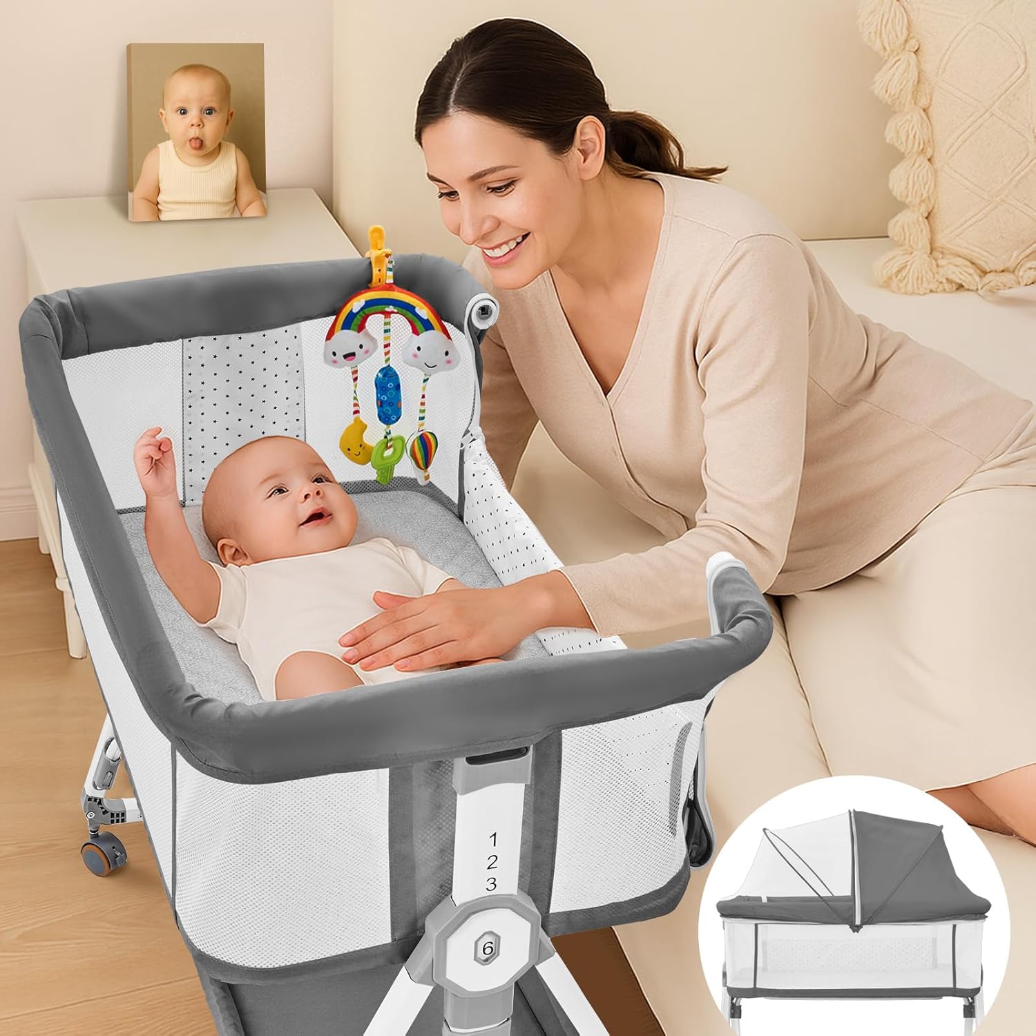 4-in-1 Baby Bassinet with Adjustable Height and Soft Mattress