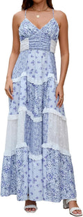 Women Floral Maxi Dress Spaghetti Straps V Neck Patchwork - Flowy Boho