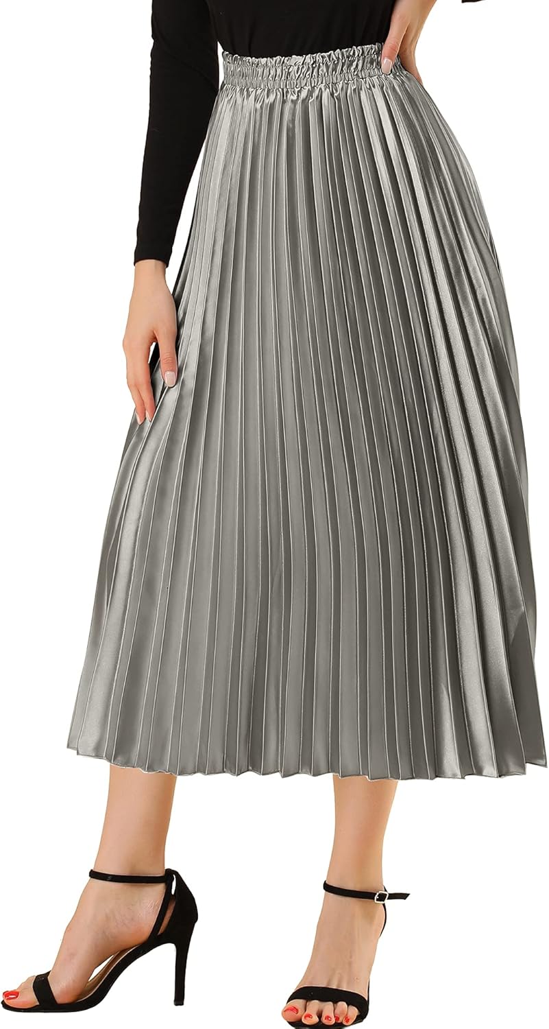 Allegra K Women Pleated Skirt Midi Length High Waisted A Line
