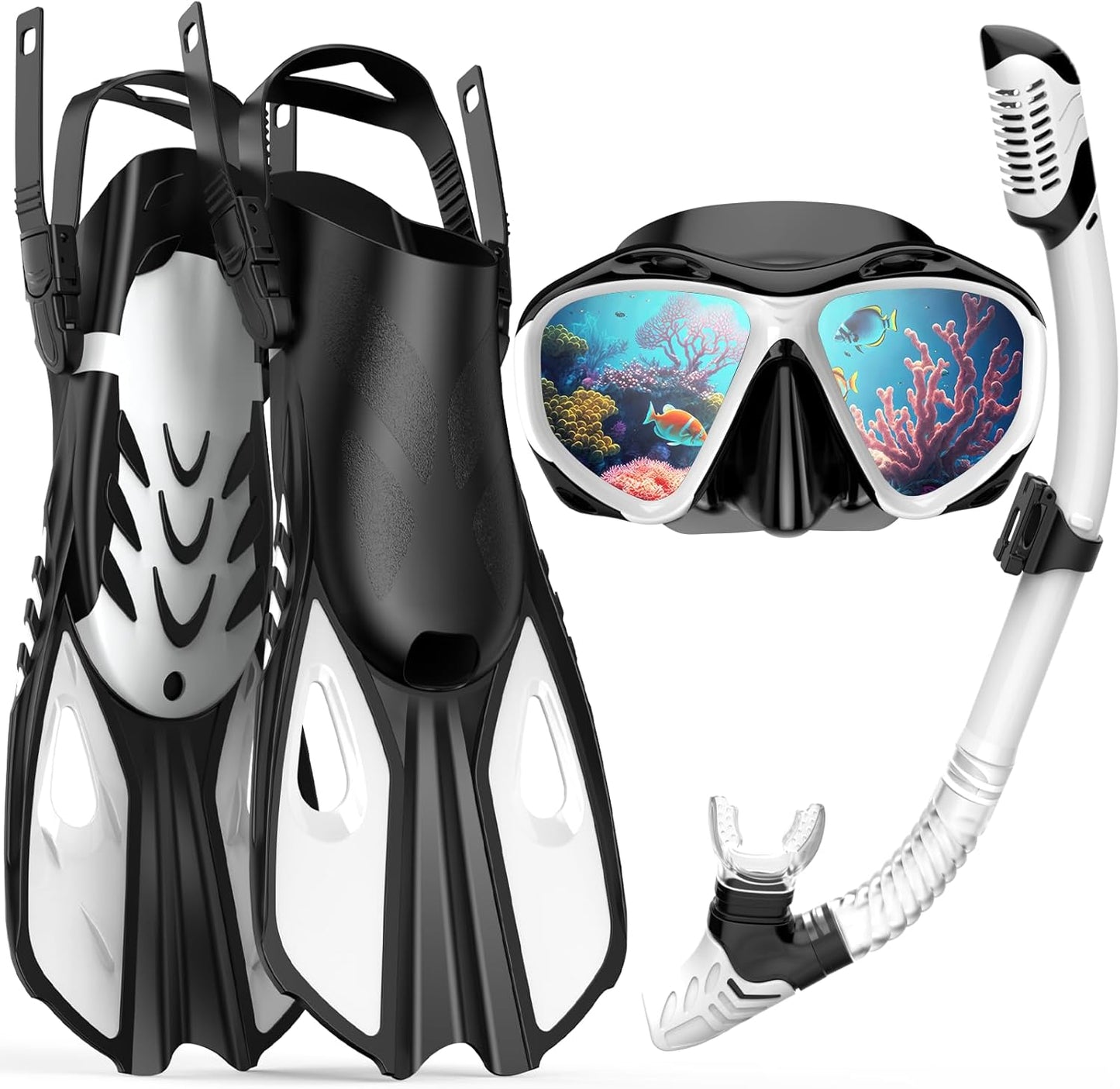 Snorkeling Gear for Adults with Panoramic View Mask and Fins