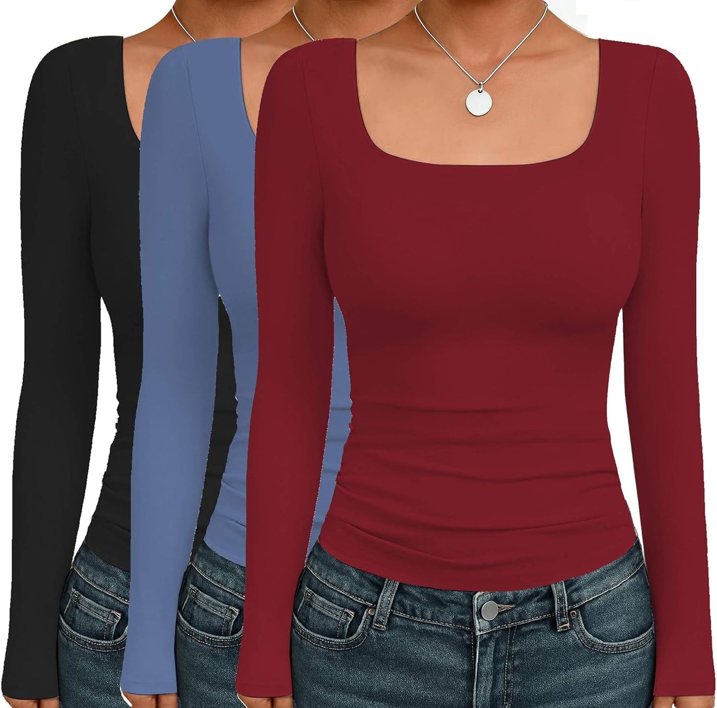 Ekouaer Womens Long Sleeve Square Neck Thermal Shirts 3 Pack