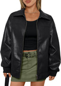 AUTOMET Womens Oversized Leather Jacket Zip Up Coat - Cozy Fall Layer