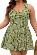One Piece Swimdress for Women Teal Floral - Classic Tummy Control