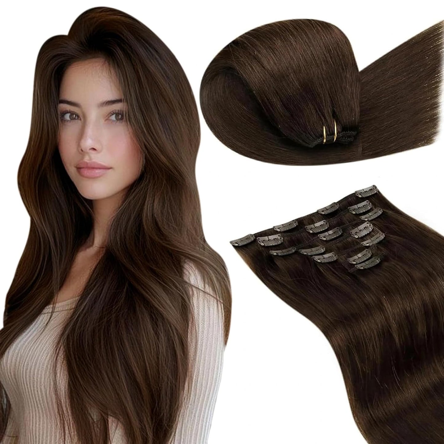 LaaVoo Human Hair Clip in Extensions for Natural Brown Hair
