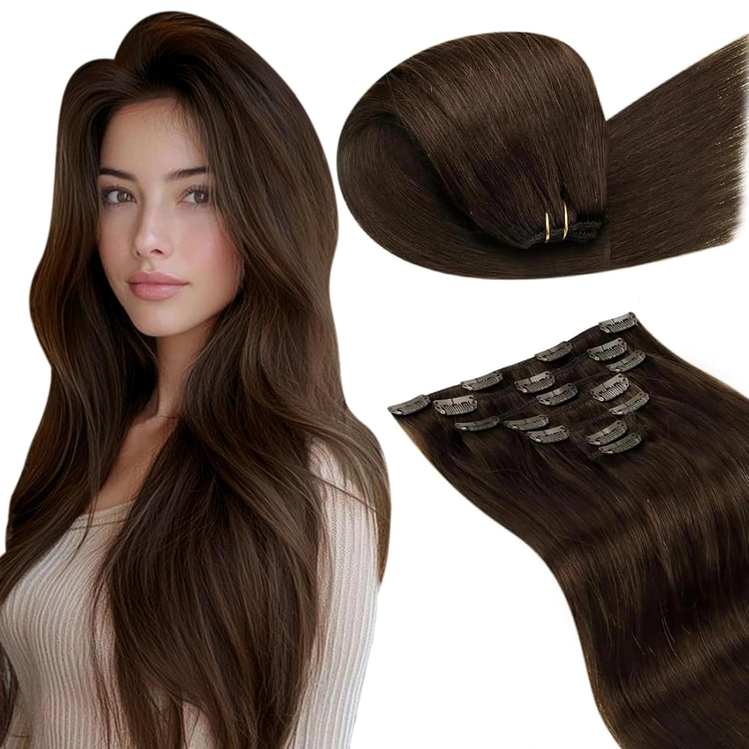 LaaVoo Human Hair Clip in Extensions for Natural Brown Hair