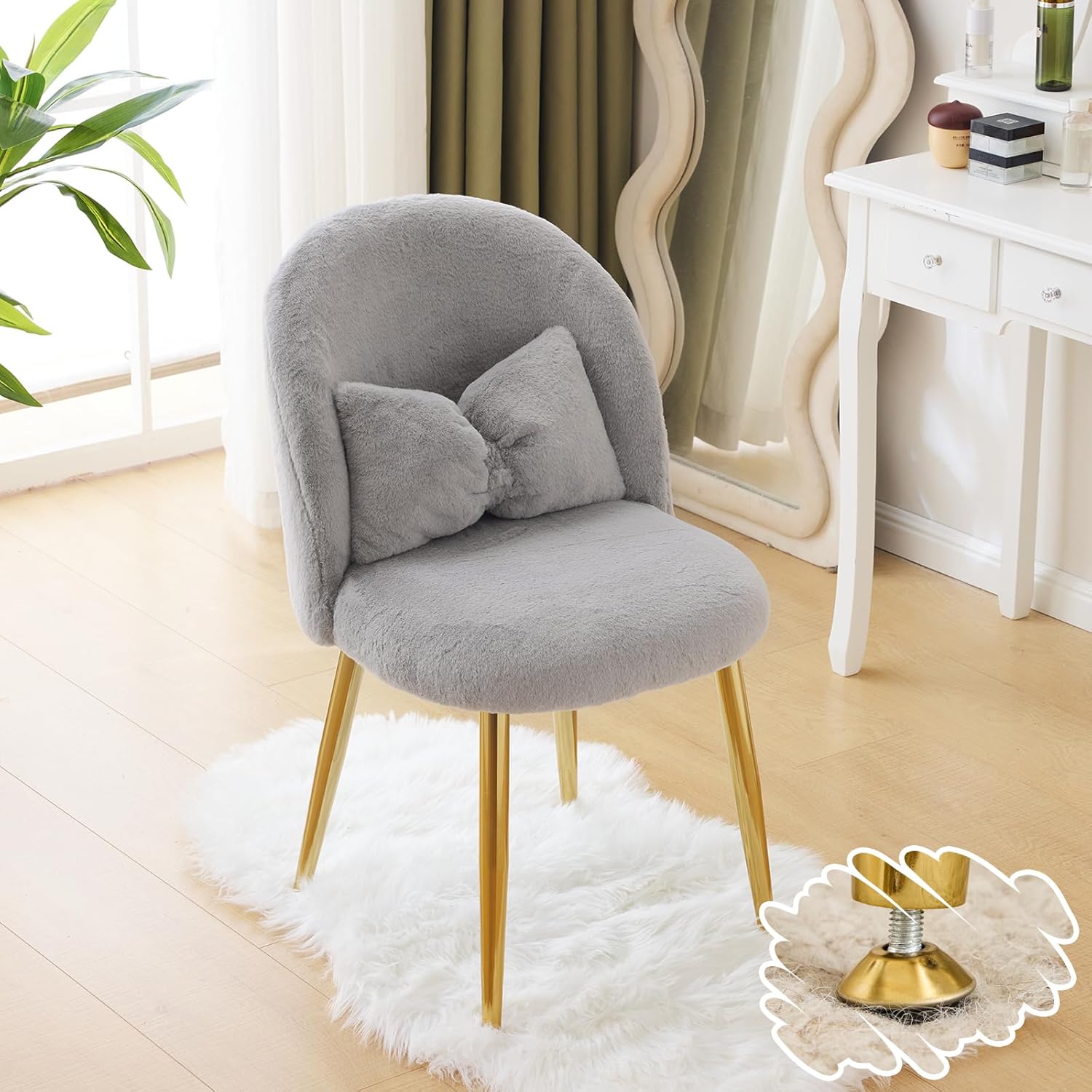 VINGLI Fluffy Girls Vanity Chair with Adjustable Gold Legs