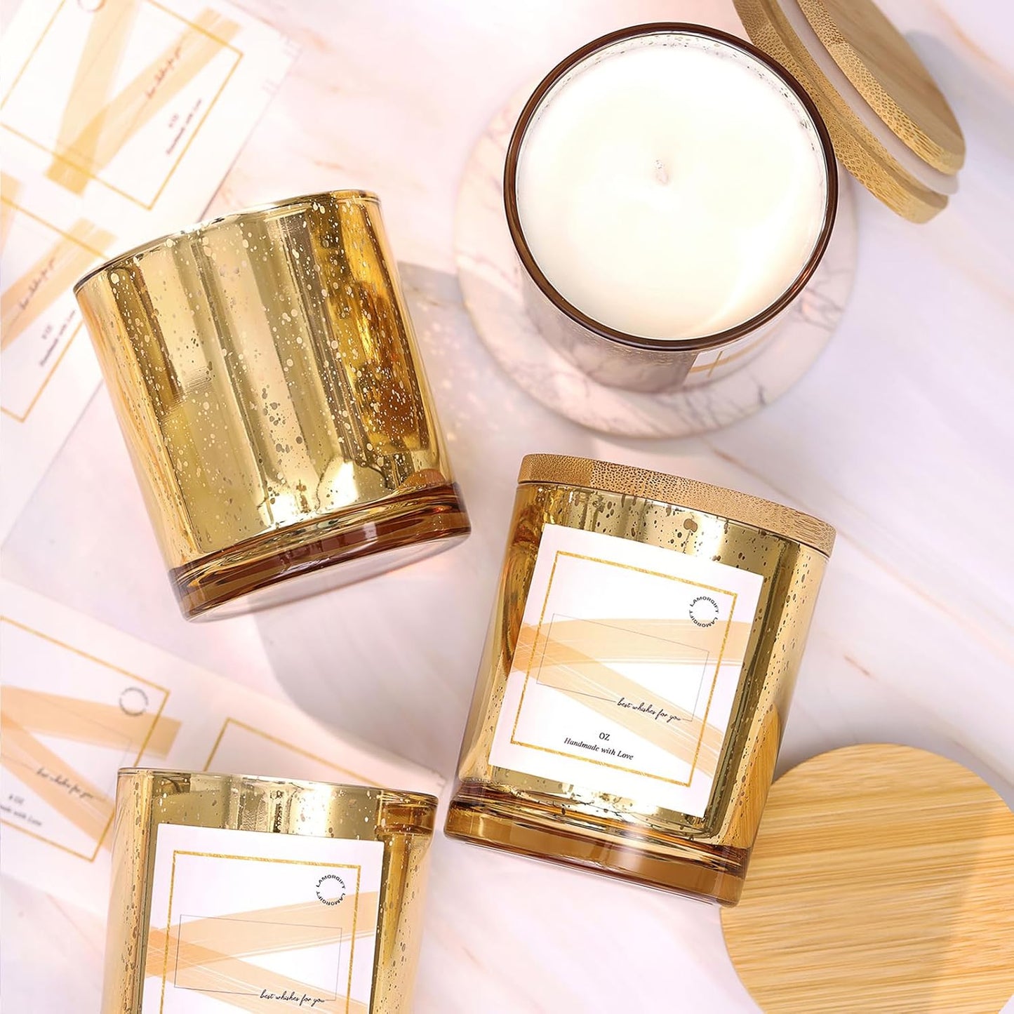 LAMORGIFT 12 Pack Gold Mercury Glass Candle Jars for DIY Projects