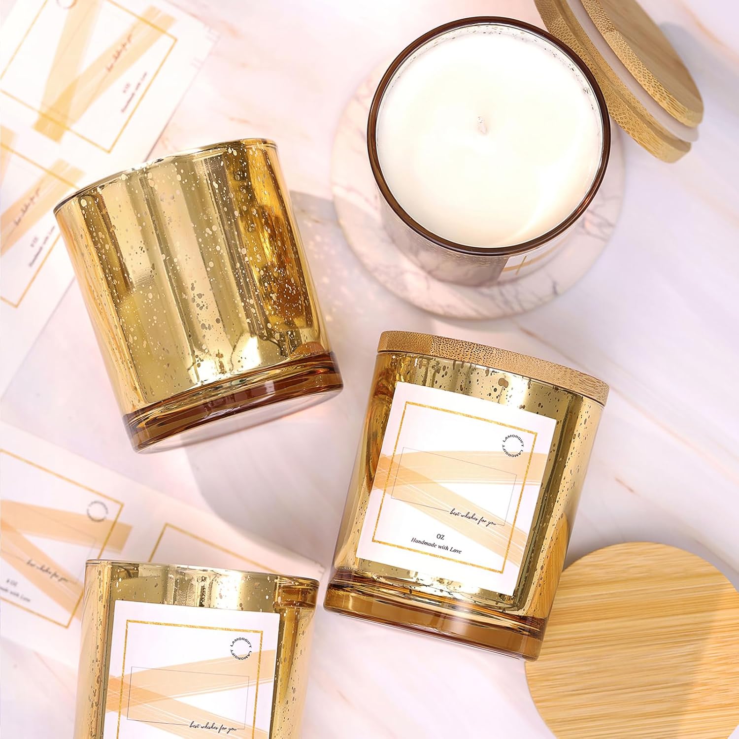LAMORGIFT 12 Pack Gold Mercury Glass Candle Jars for DIY Projects