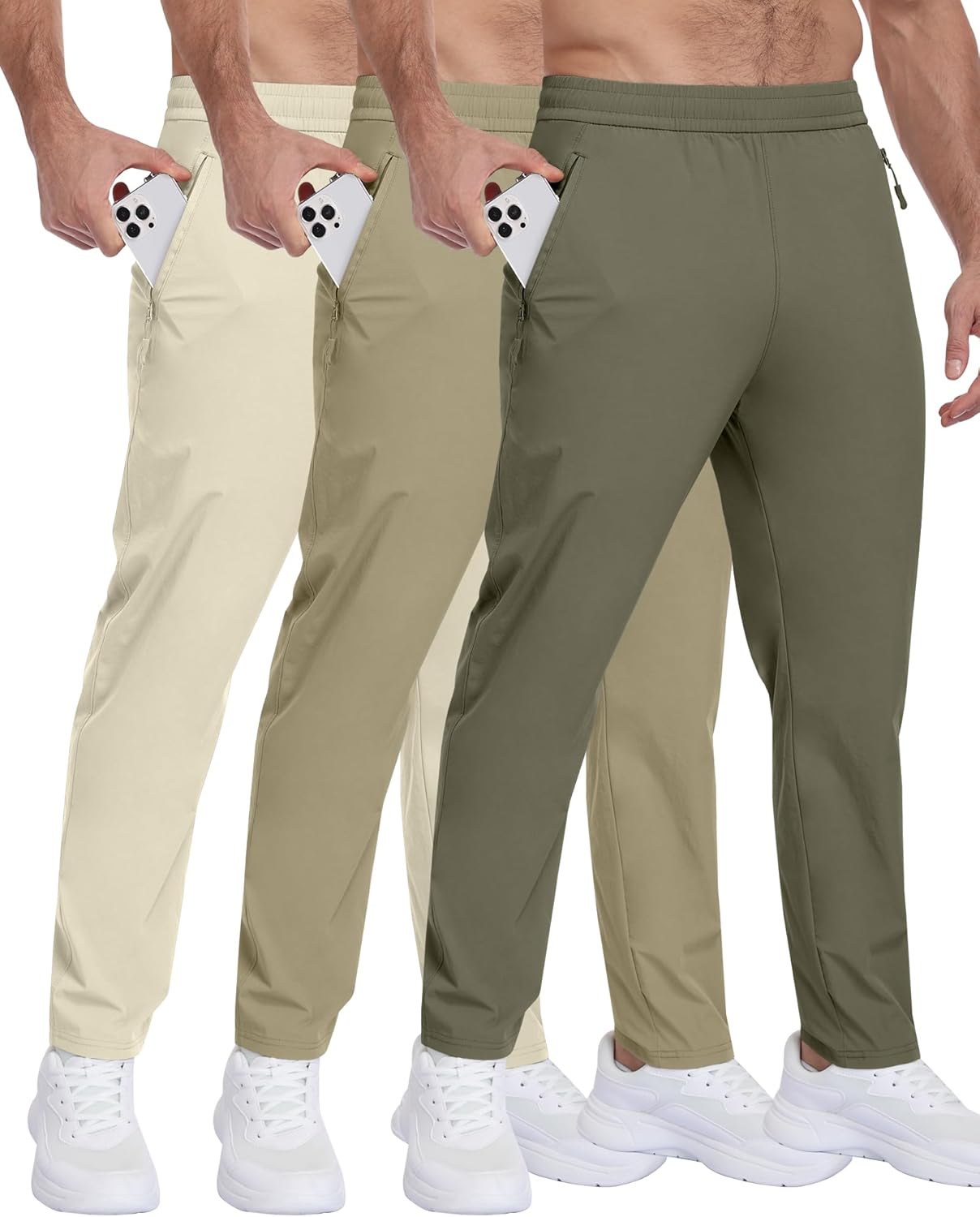 3 Pack Mens Athletic Hiking Pants with Zipper Pockets for Outdoors