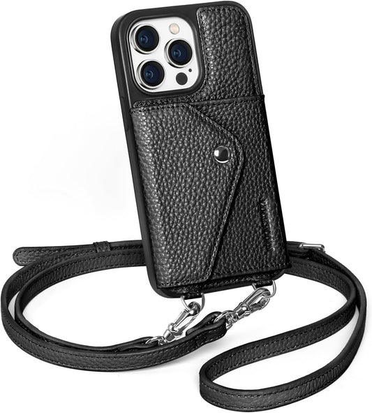 Crossbody Phone Case for iPhone 15 Pro - Leather Wallet with Strap