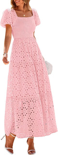 Summer Dresses for Women 2025 Eyelet Square Neck Puff Sleeve Maxi