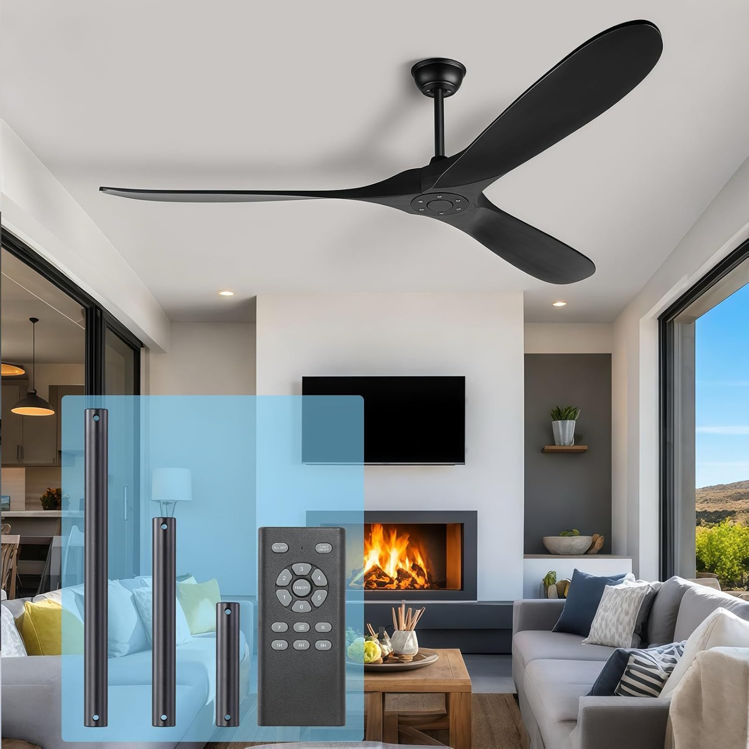 60 Inch Black Ceiling Fan with Natural Wood Blades for Home