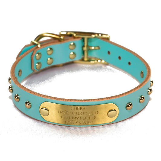 Handmade Studded Bridle Leather Dog Collar with Brass Nameplate