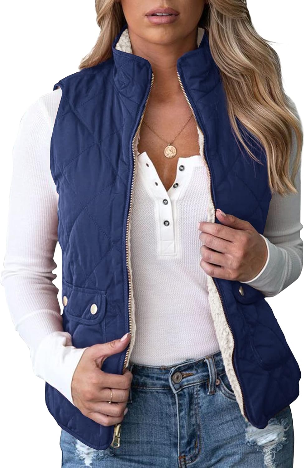 Valphsio Womens Reversible Quilted Sherpa Fleece Vest for Winter