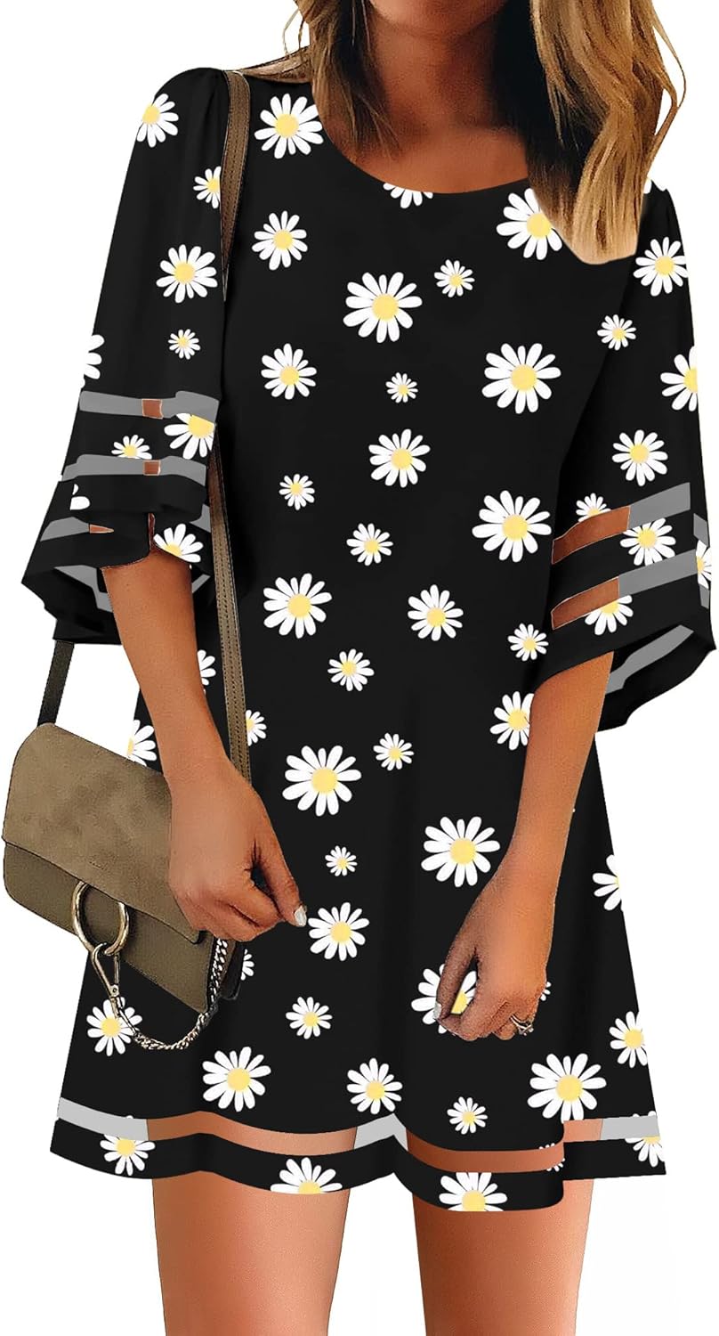 Casual Crewneck Mesh Panel Bell Sleeve Dress for Women