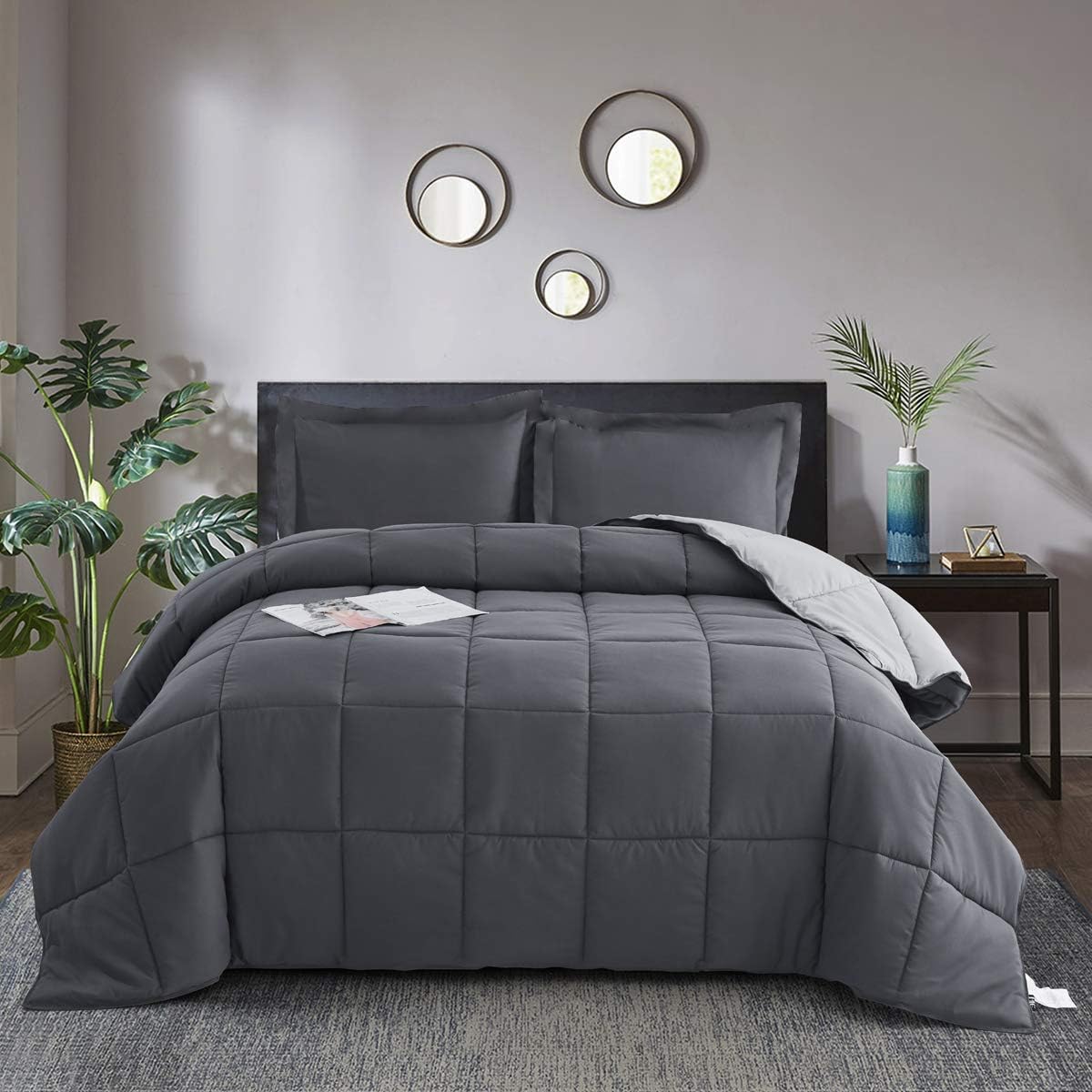 HIG 3pc Grey King Size Comforter Set - All Season Reversible