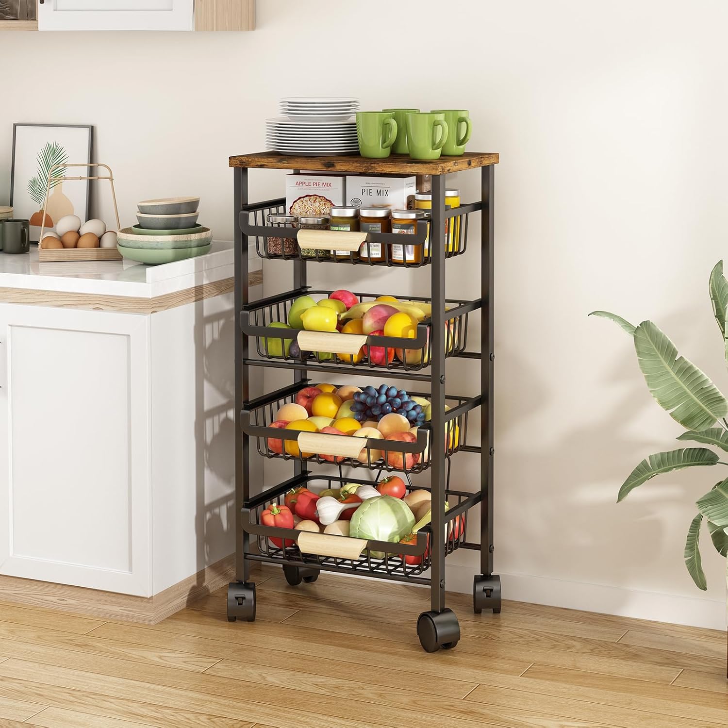 5 Tier Fruit Basket Storage Cart with Wooden Tabletop for Kitchen
