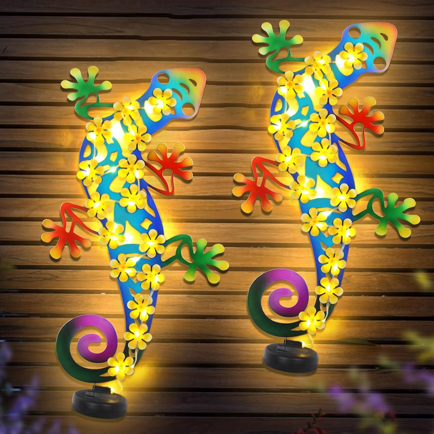Metal Lizards Outdoor Decor with Solar Lights for Garden Art