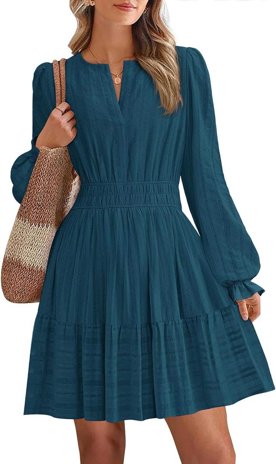 BTFBM Mini Dresses for Women 2025 Casual Long Sleeve V Neck