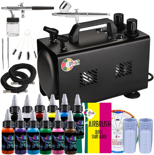 OPHIR Double Outlet Airbrush Set with 12 Acrylic Paints