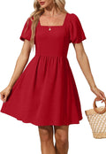 Women Puff Sleeve Square Neck Dress with Tie Back - Flattering Empire