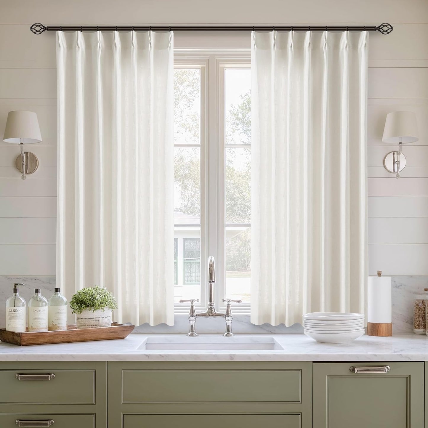 Natural Linen Kitchen Curtains for Small Windows - 45 Inches Long