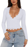 REORIA Sexy V-Neck Lace Y2K Crop Top - Double Lined Slim Fit