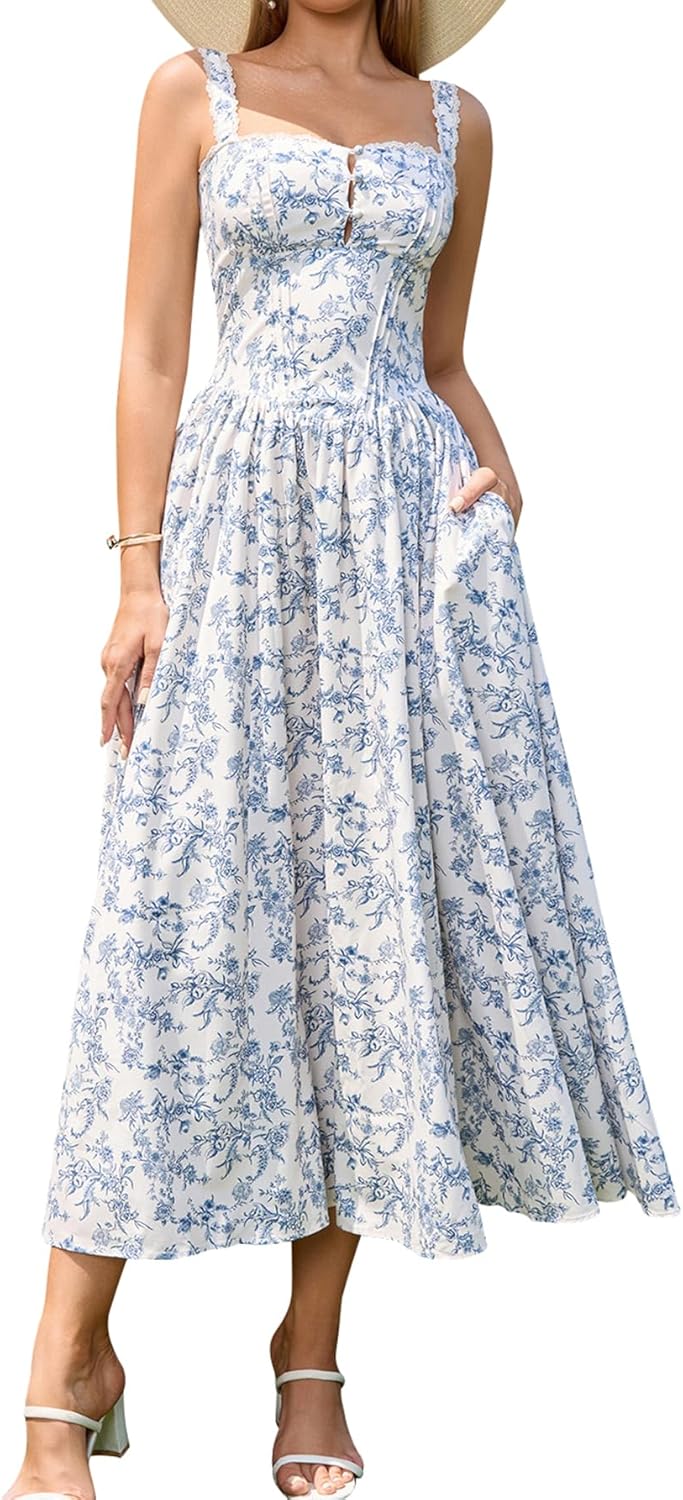 KUTUMAI Women Summer Lace Square Neck Midi Dress with Pockets