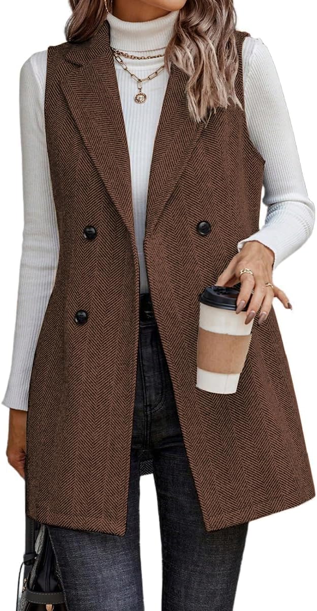 IDEALSANXUN Long Vest for Women Sleeveless Tweed Blazer Outerwear