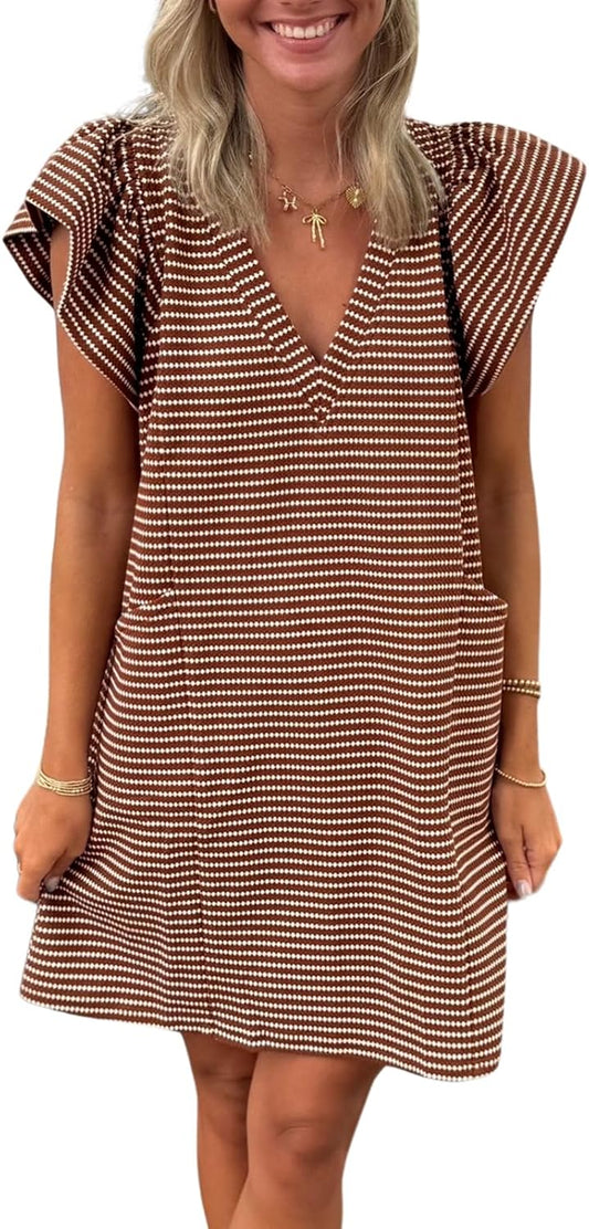 Striped V-Neck Mini Dress for Women with Pockets & Style
