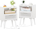 White Rattan Nightstand with Charging Station - Set of 2
