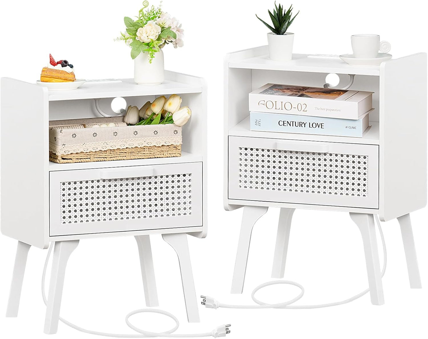 Rattan Nightstands Set of 2 with Charging Station for Bedroom