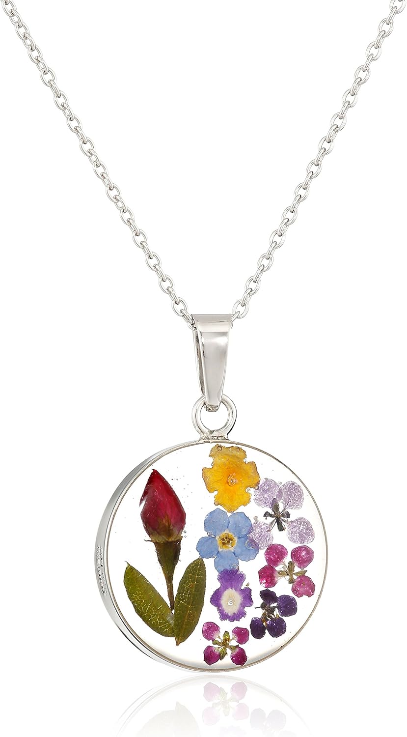 Pressed Flower Round Pendant Necklace in Sterling Silver