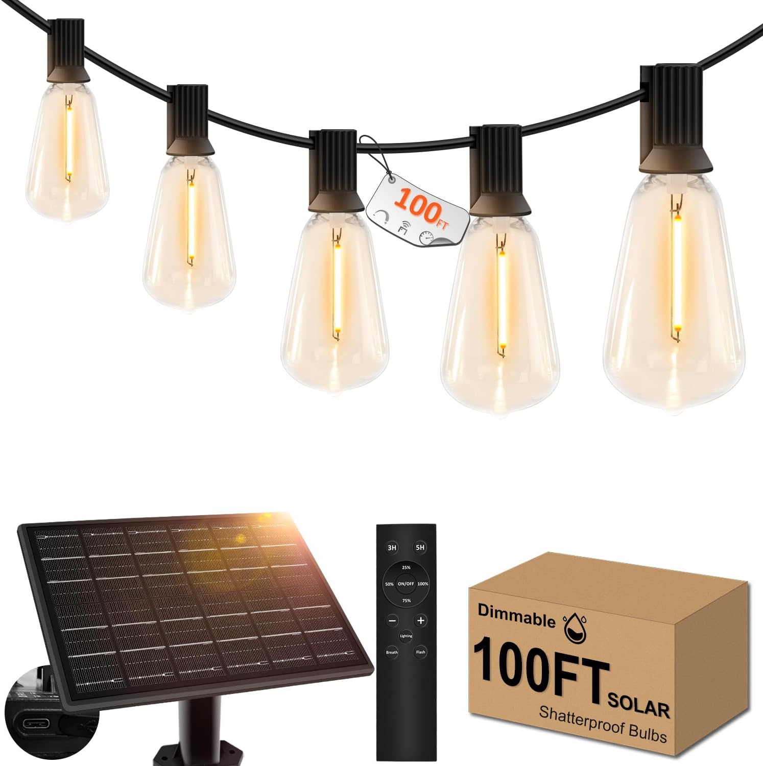 100ft Solar Outdoor String Lights by GHUSTAR - Remote & USB