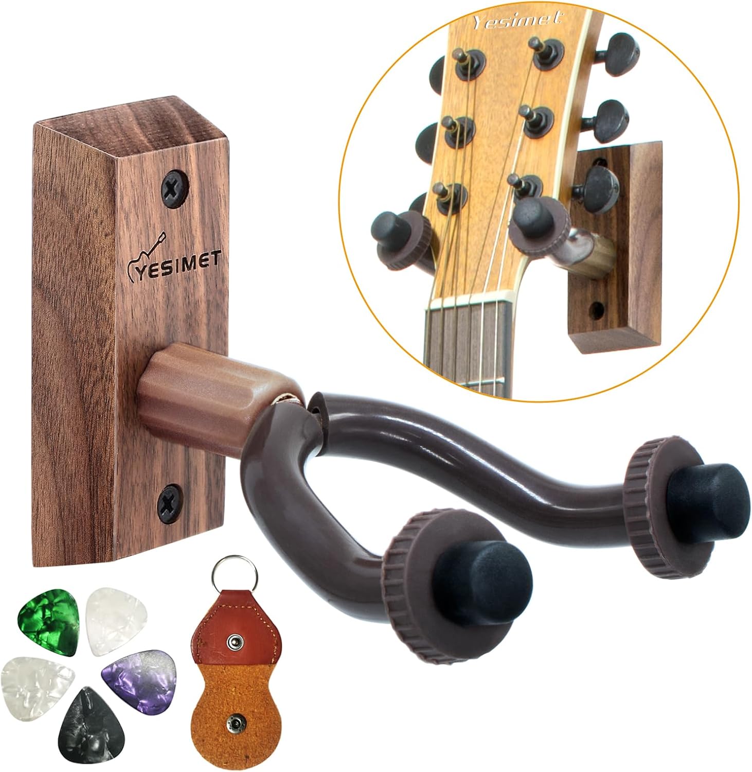 Black Walnut Guitar Wall Mount with Picks & Holder by YESIMET