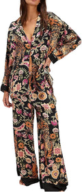 Arssm Women Satin Silk Pajama Set Floral Long Sleeve - Soft Cozy Fit