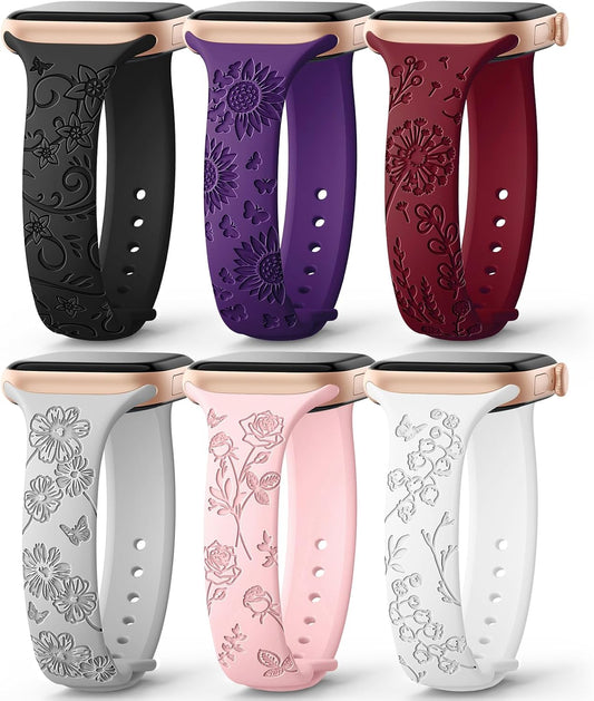 Floral Engraved Silicone Apple Watch Bands: Cute & Slim!
