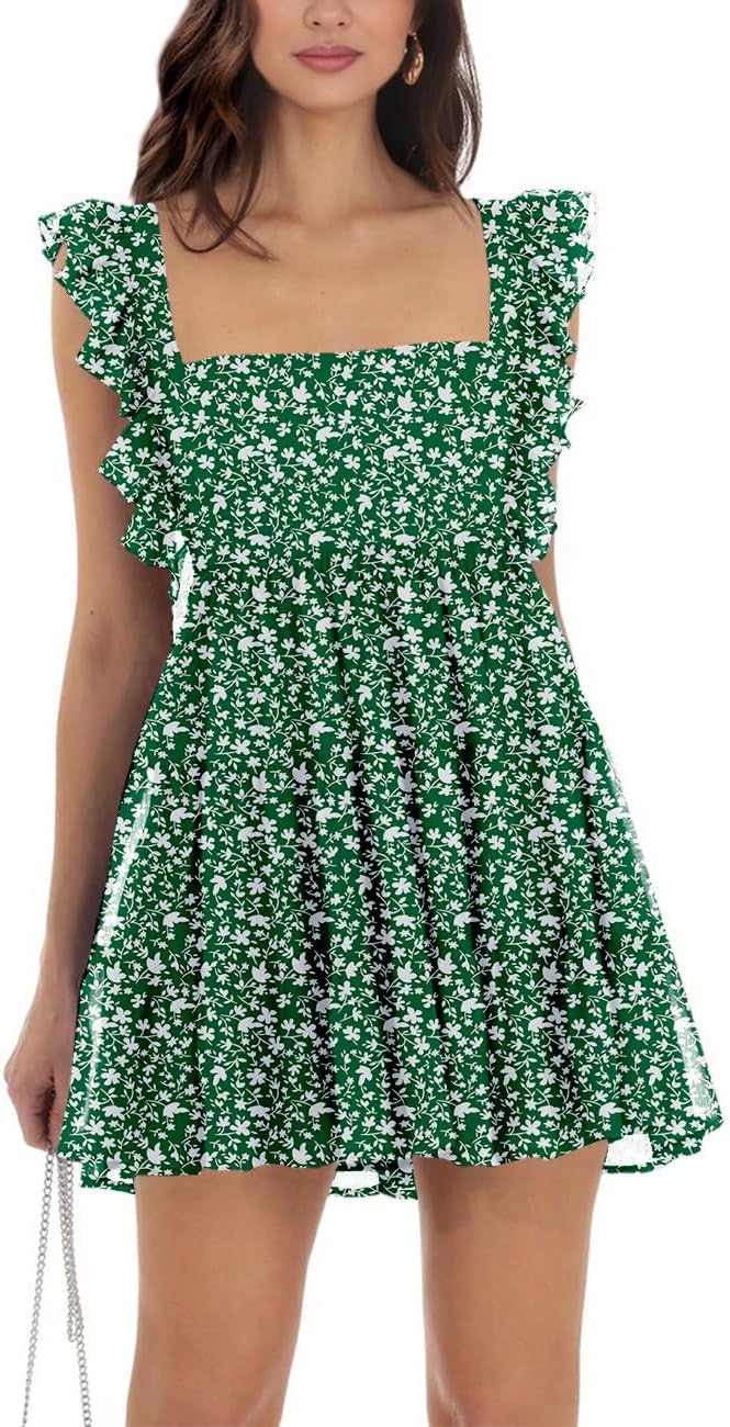 Womens Summer Square Neck Tie Back Ruffle Sleeve Mini Dress