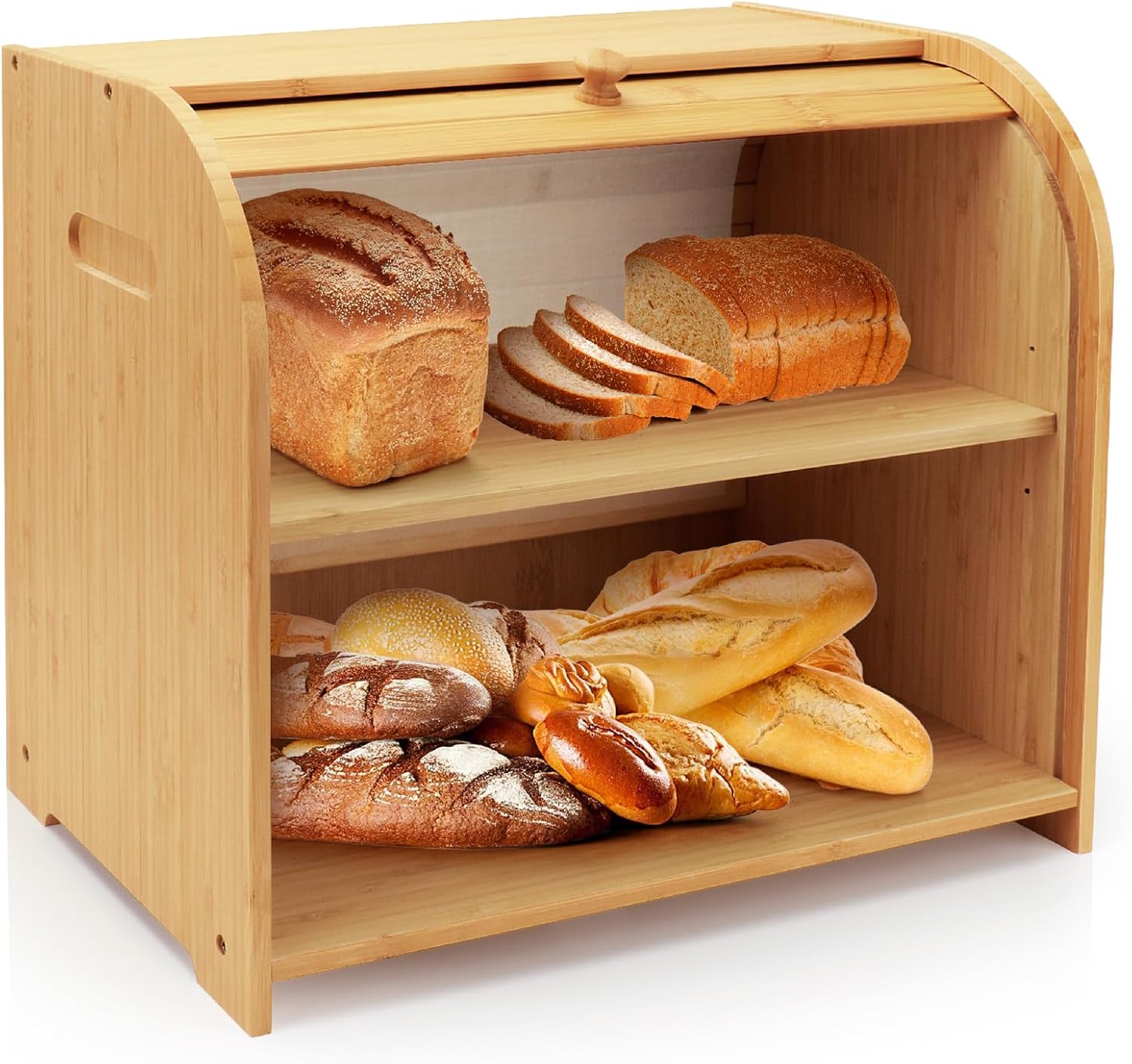 Double Layer Bamboo Bread Box for Kitchen Countertop Storage
