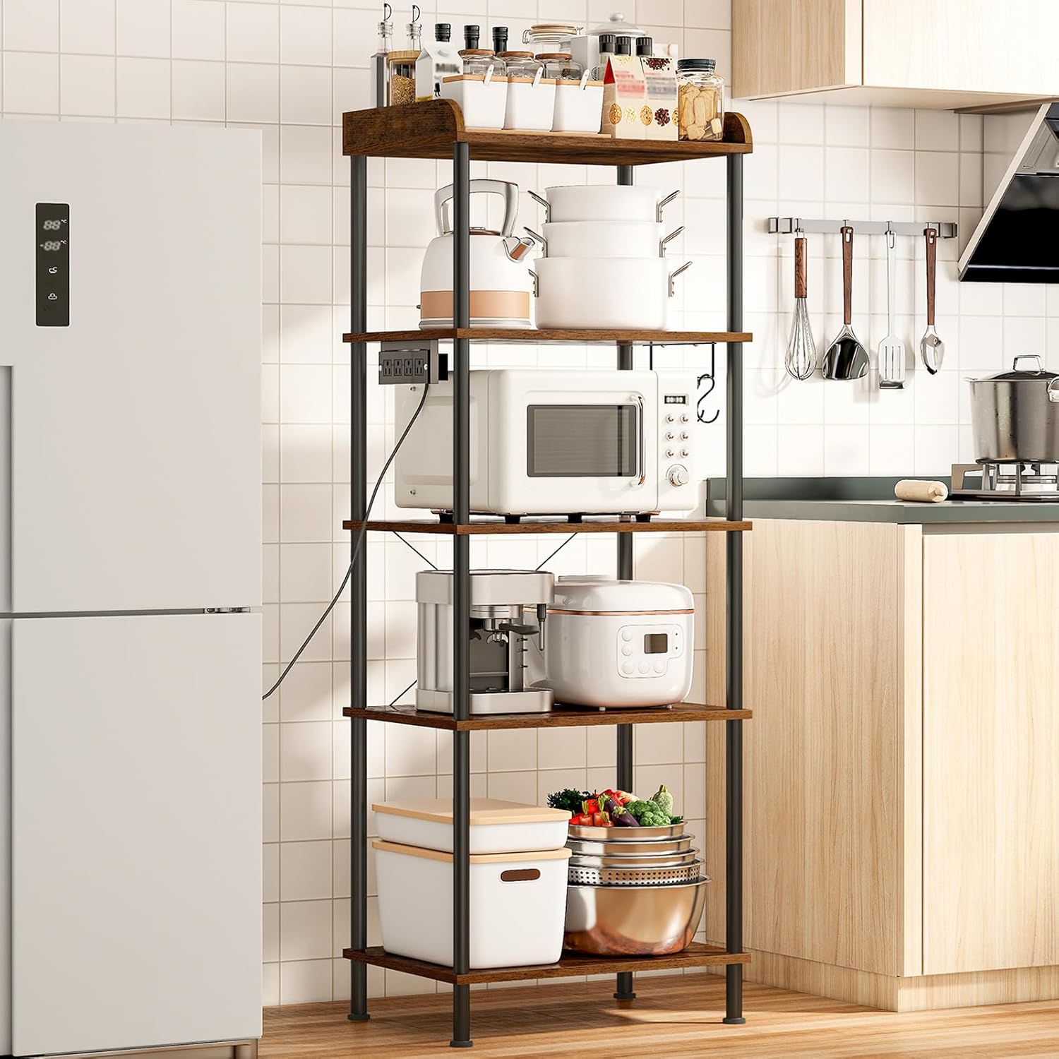 HOOBRO Kitchen Bakers Rack with Power Outlet - 5-Tier Storage Stand