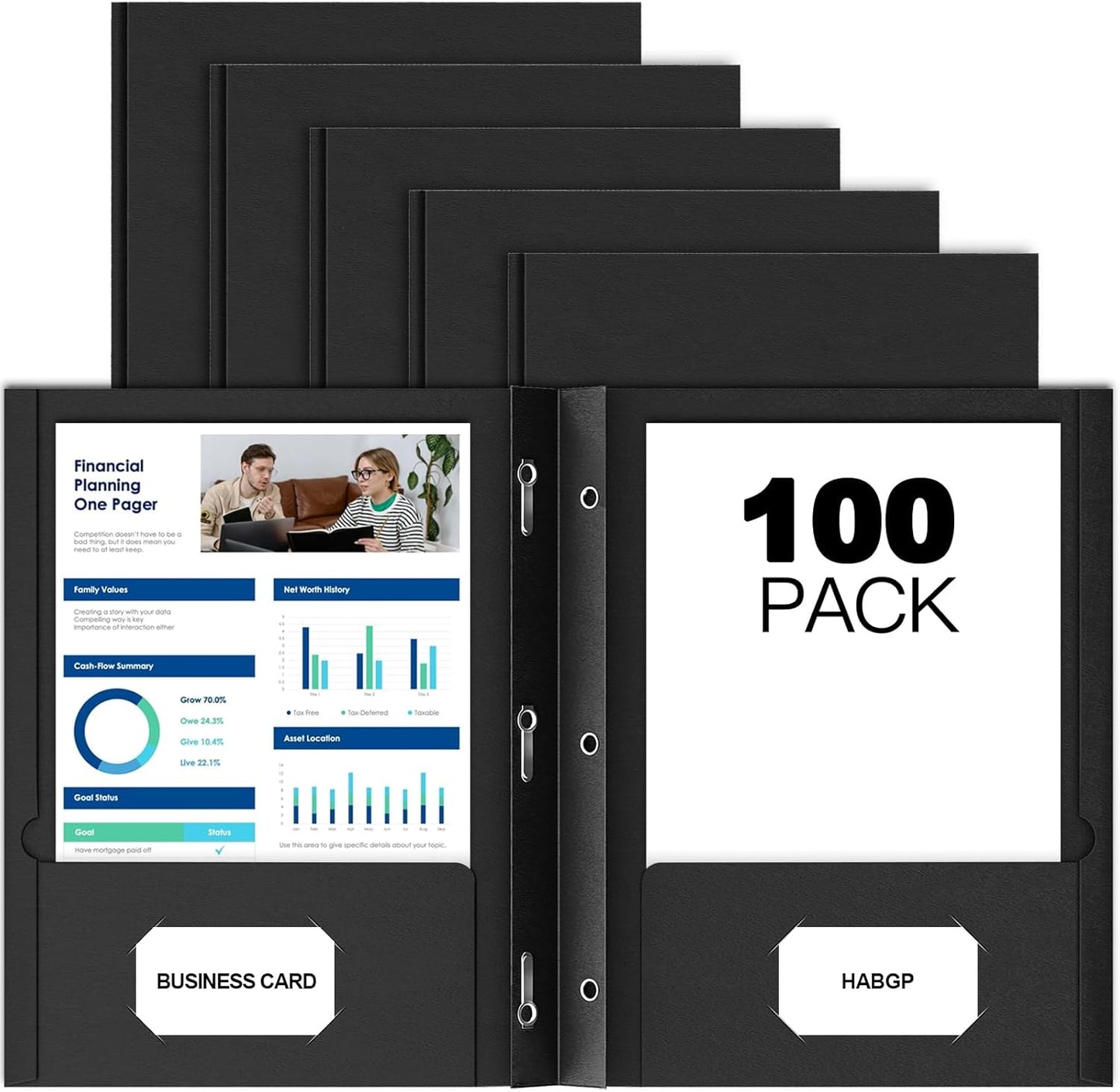 HABGP 100 Pack Black Two Pocket Folder with Prongs for Organizing