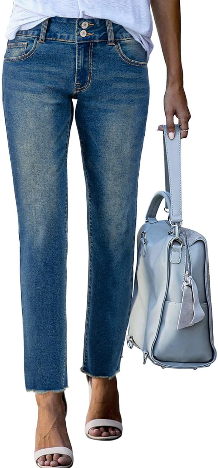 High Waisted Jeans for Women with Raw Hem and Pockets