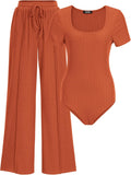 Womens Casual 2 Piece Bodysuit Set - Comfortable Ribbed Lounge Wear