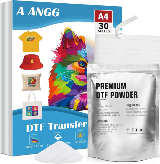 DTF Printing Kit: Easy Fabric Transfer, 30 Sheets A4 Film, 8.8oz Powder