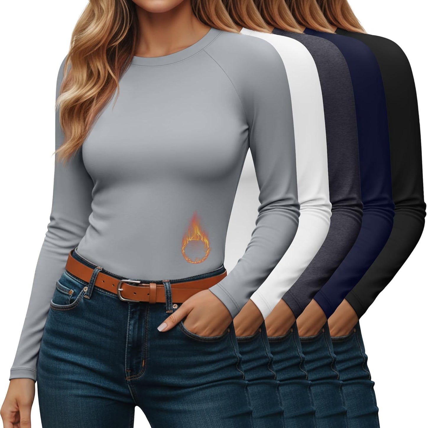 5 Pack Women's Thermal Shirts Long Sleeve Fleece Lined Tops