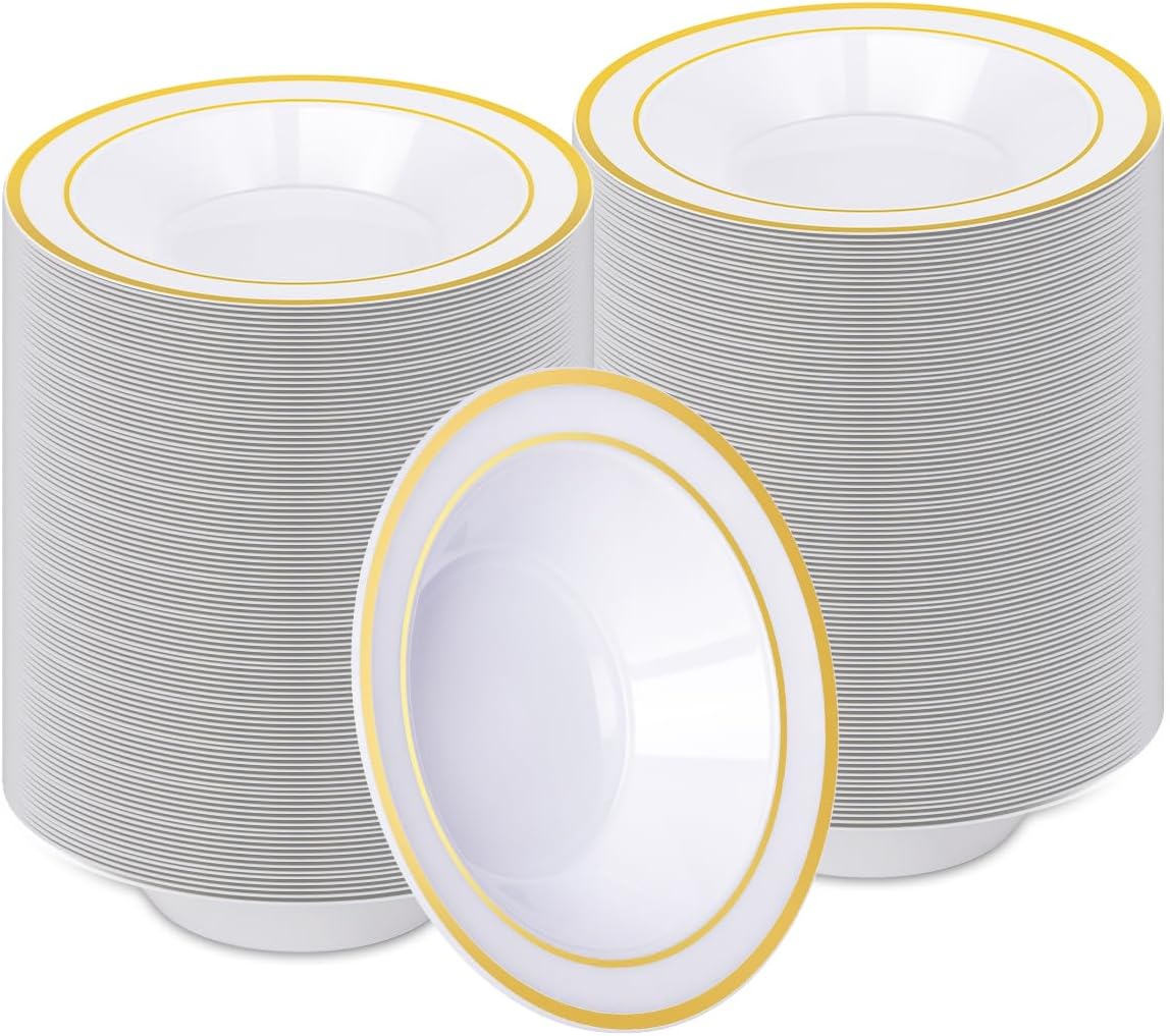 200 Pack Plastic Bowls with Gold Rim for Elegant Dining Events