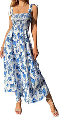 MakeMeChic Women's Summer Boho Floral Shirred Maxi Dress - Lightweight