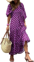 Womens Bohemian V Neck Maxi Dress - Loose Fit Ankle Length