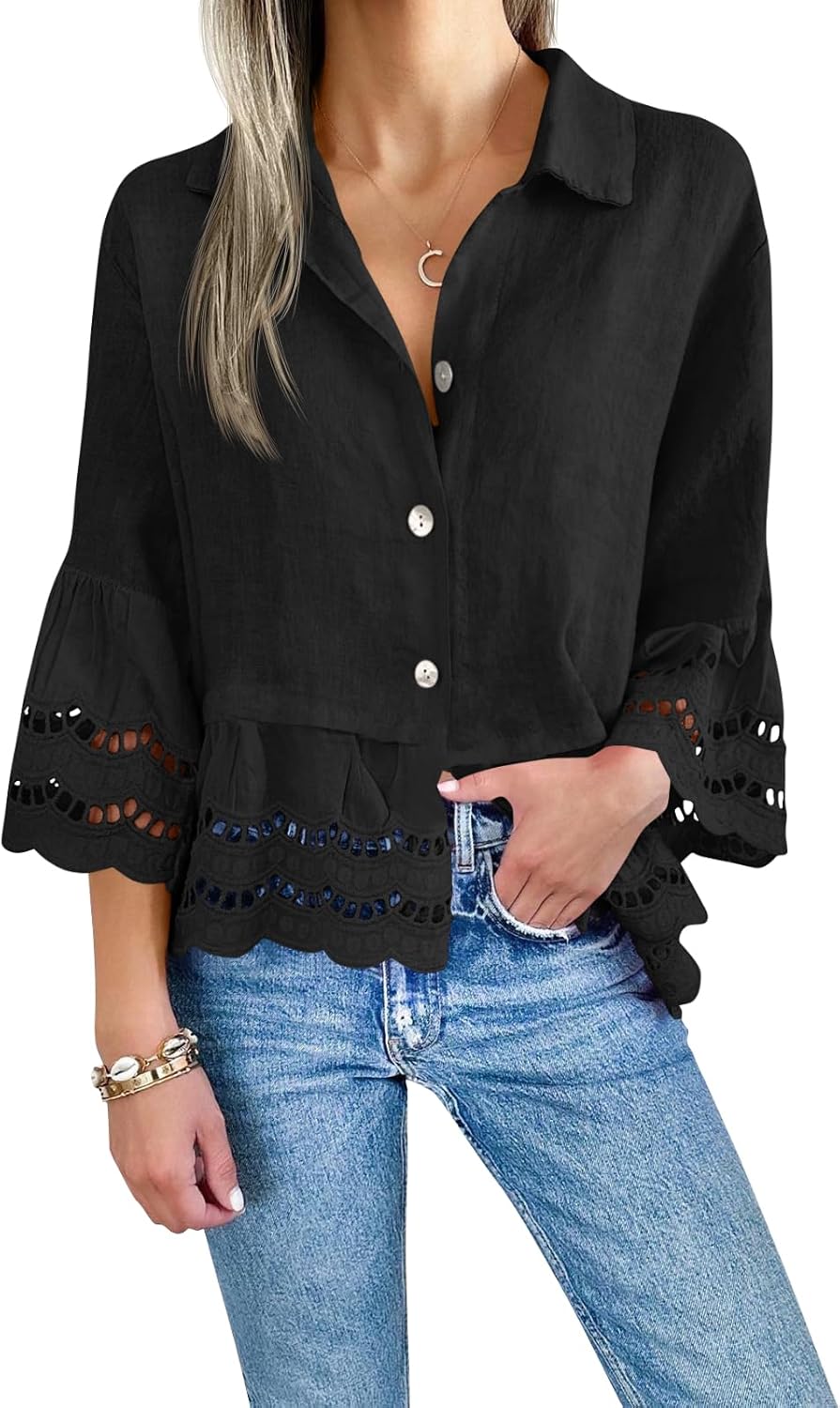 Cicy Bell Womens 3/4 Sleeve Button Down Blouse for Casual Style