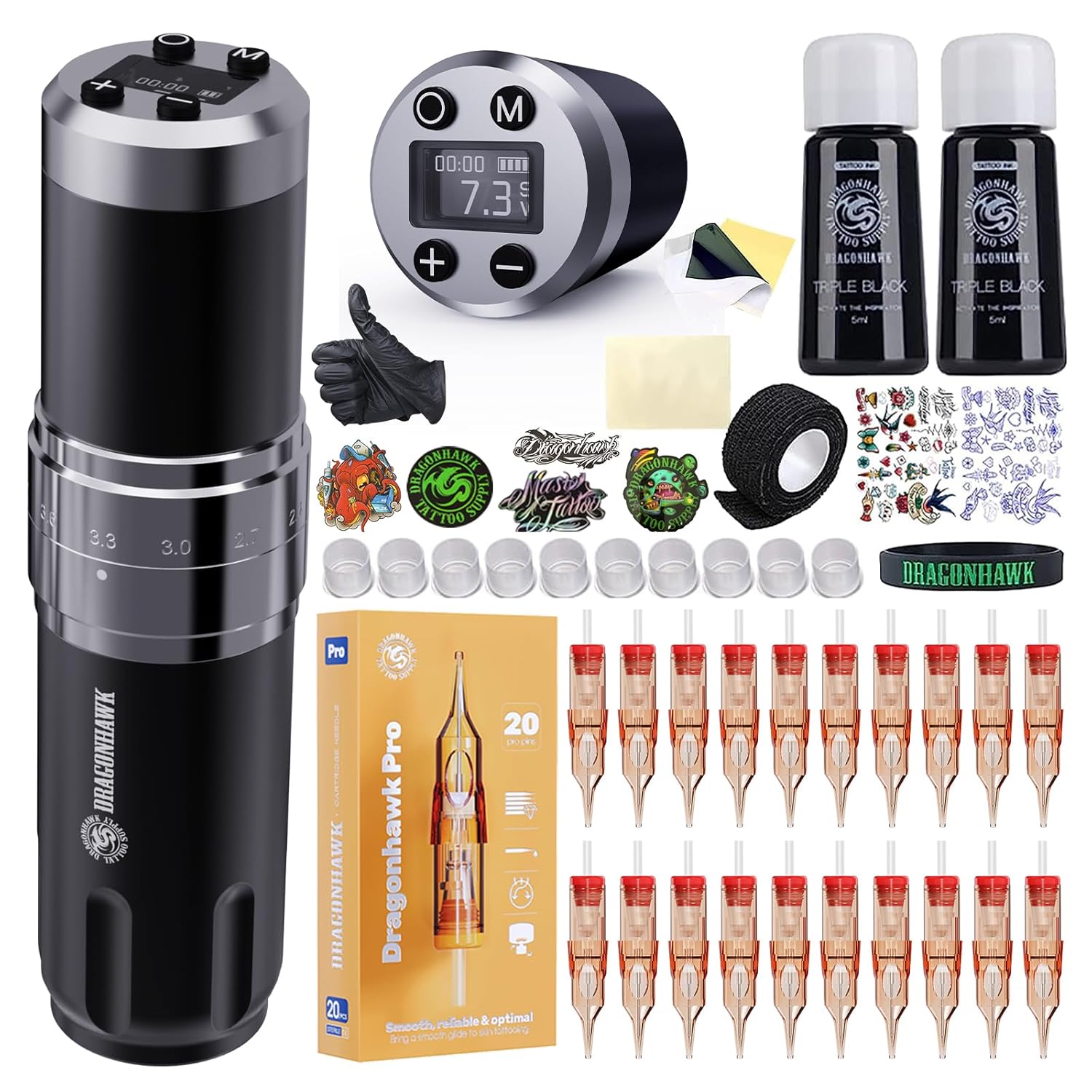 Dragonhawk Wireless Tattoo Gun Kit for Beginners with 2 Batteries
